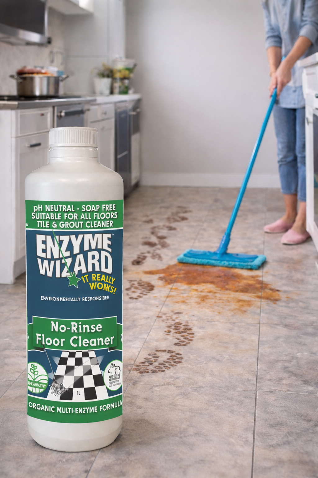 Combat Kitchen Spills & Grime with Enzyme Wizard No-Rinse Floor Cleaner